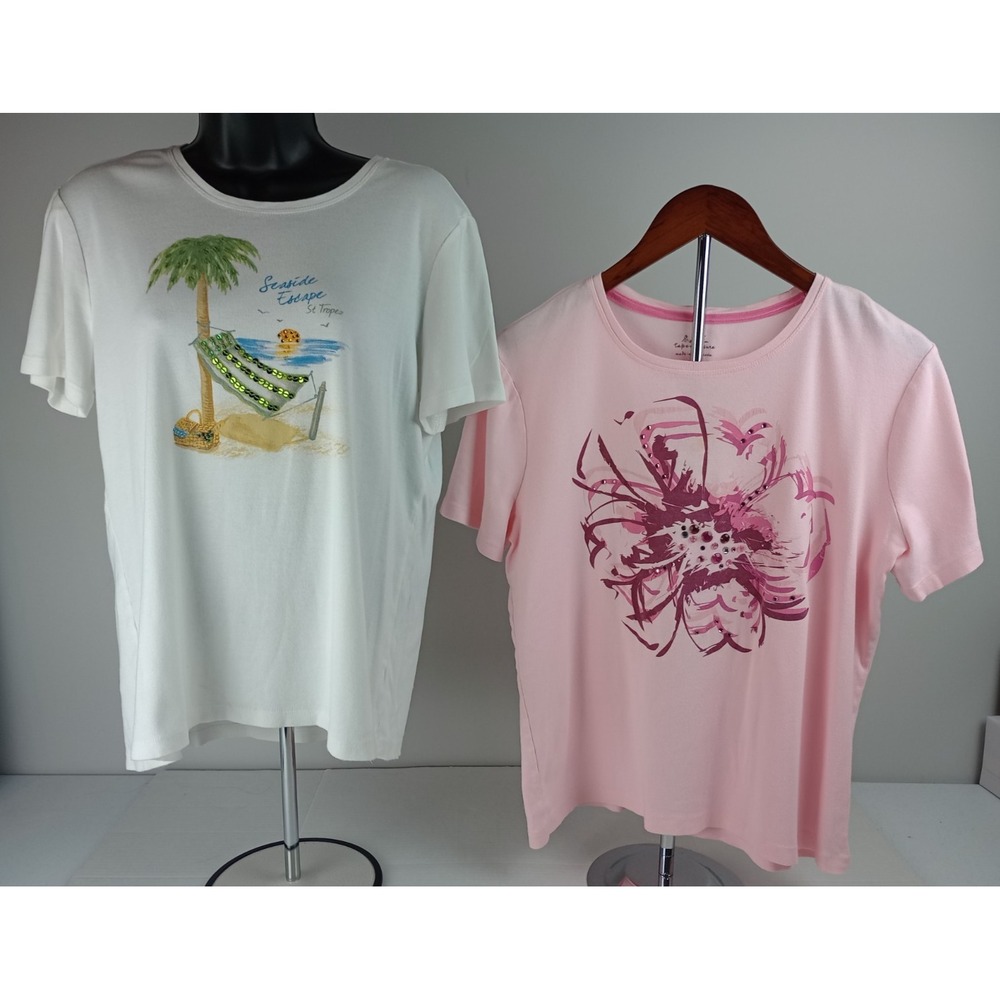 Lot of 2 Tapemeasure Women's Size Large T-Shirts White Beach Pink Floral‎